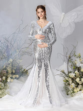 Maternity V Neck Long Sleeves Sequin Mermaid Dress